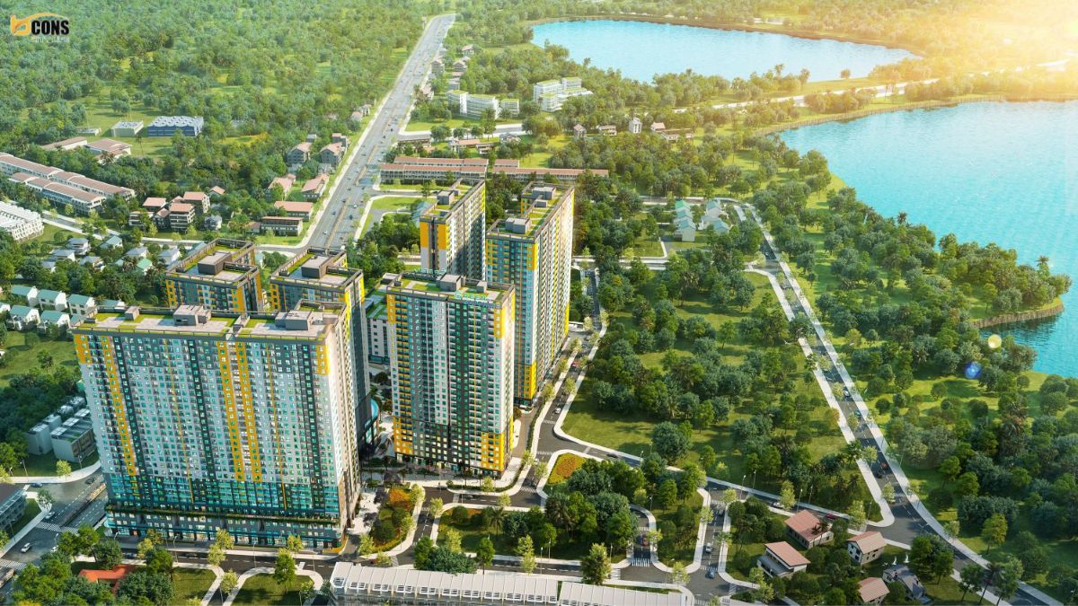 Phối cảnh tháp Green Emerald sầm uất trên mặt tiền đường Thống Nhất đặt cạnh tháp Bcons Aria view thiên nhiên