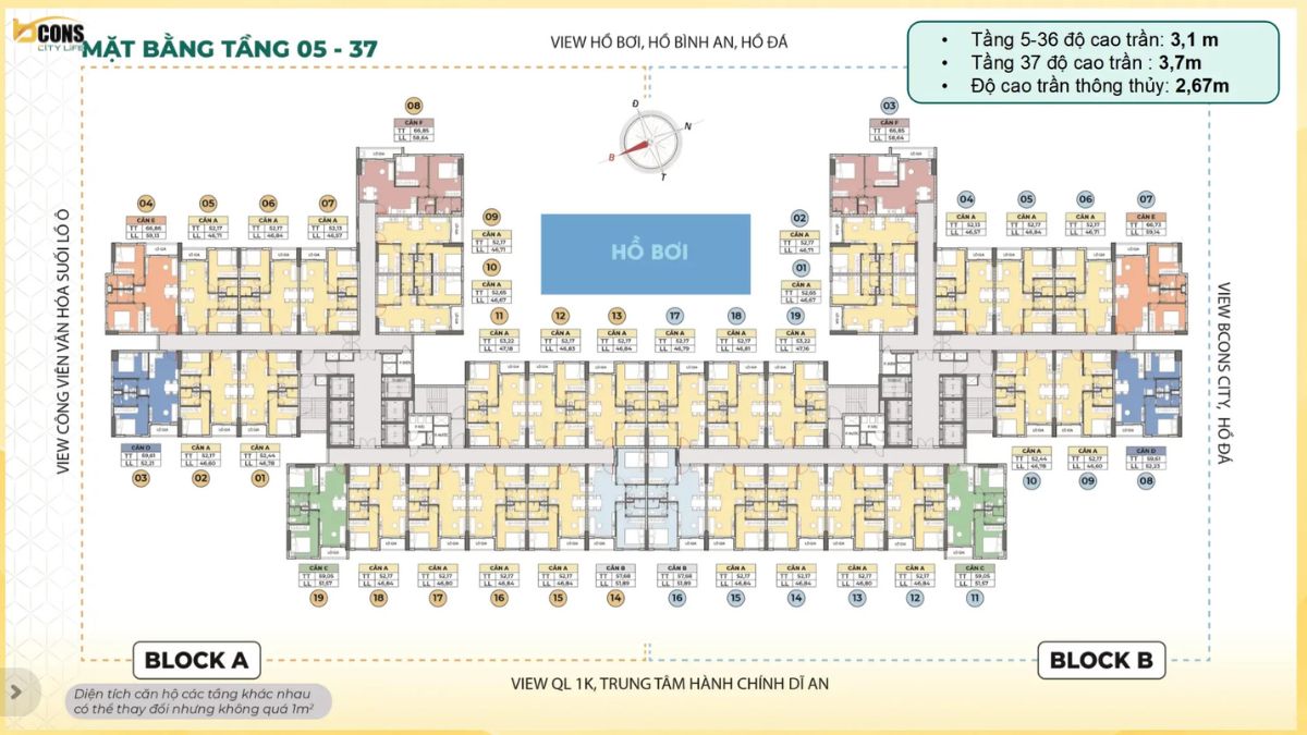 Mặt bằng tầng điển hình Bcons Aria thể hiện sự phân tách khoa học giữa Block A và Block B